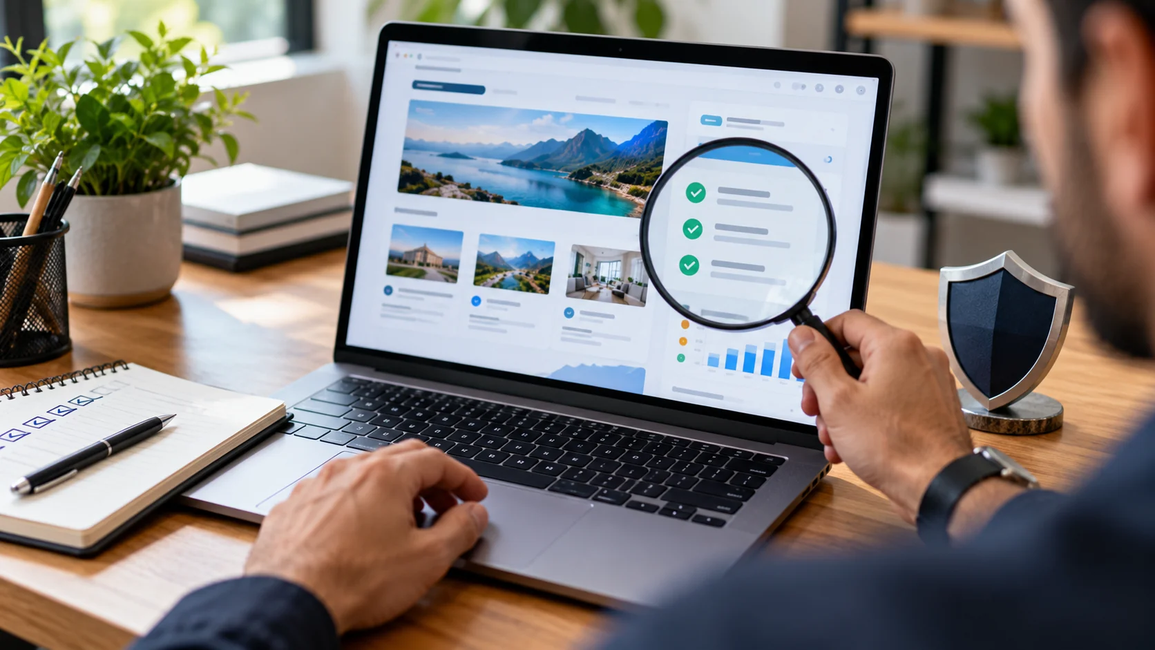 Checking a guest post publisher website for safety with a magnifying glass