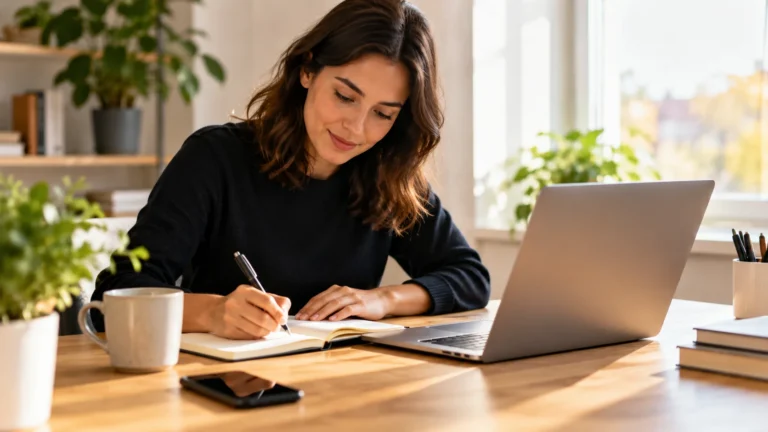 Person writing a guest post outreach pitch at a desk.