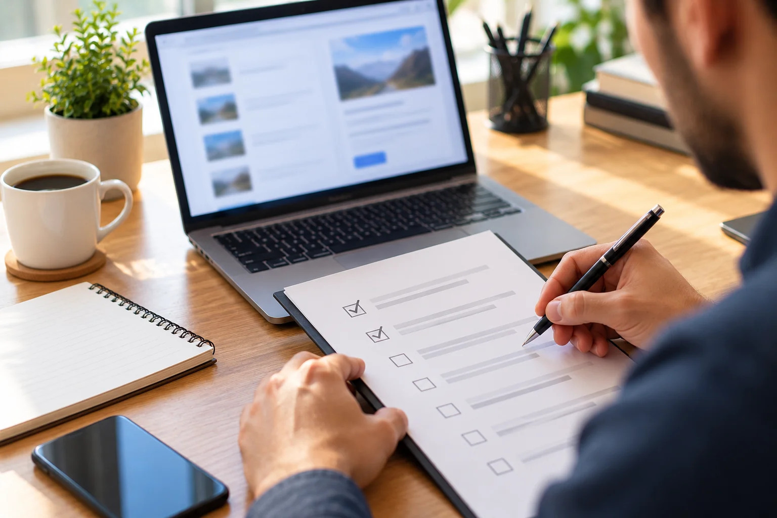 Person checking a printed checklist beside a laptop