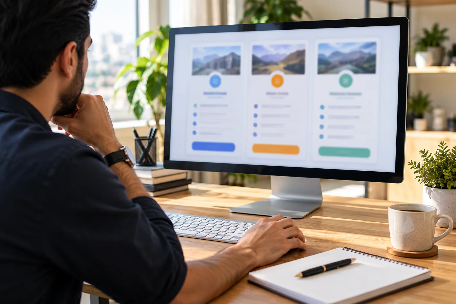 Person comparing package options on a large monitor
