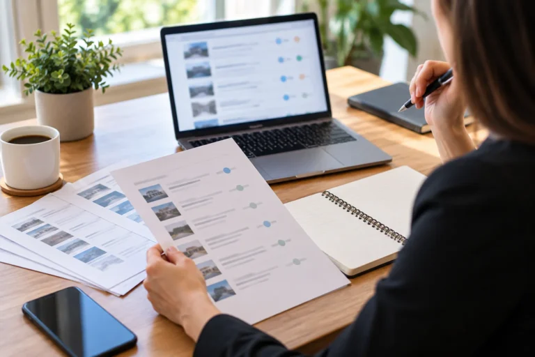 Person reviewing a publisher shortlist at a desk beside a laptop