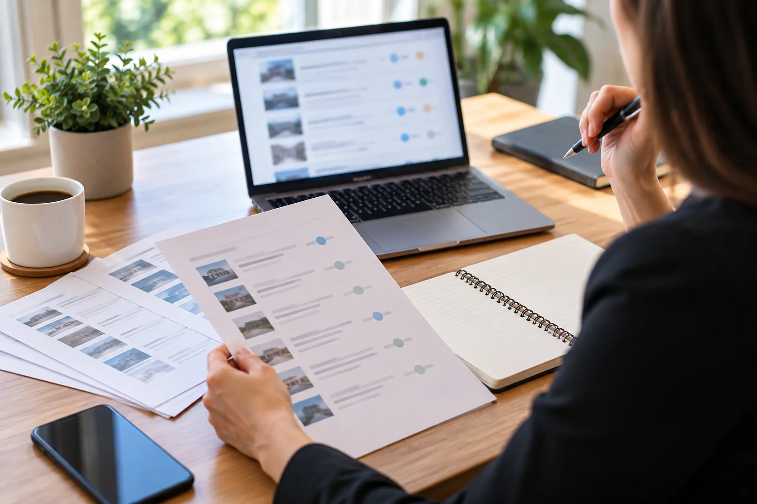 Person reviewing a publisher shortlist at a desk beside a laptop